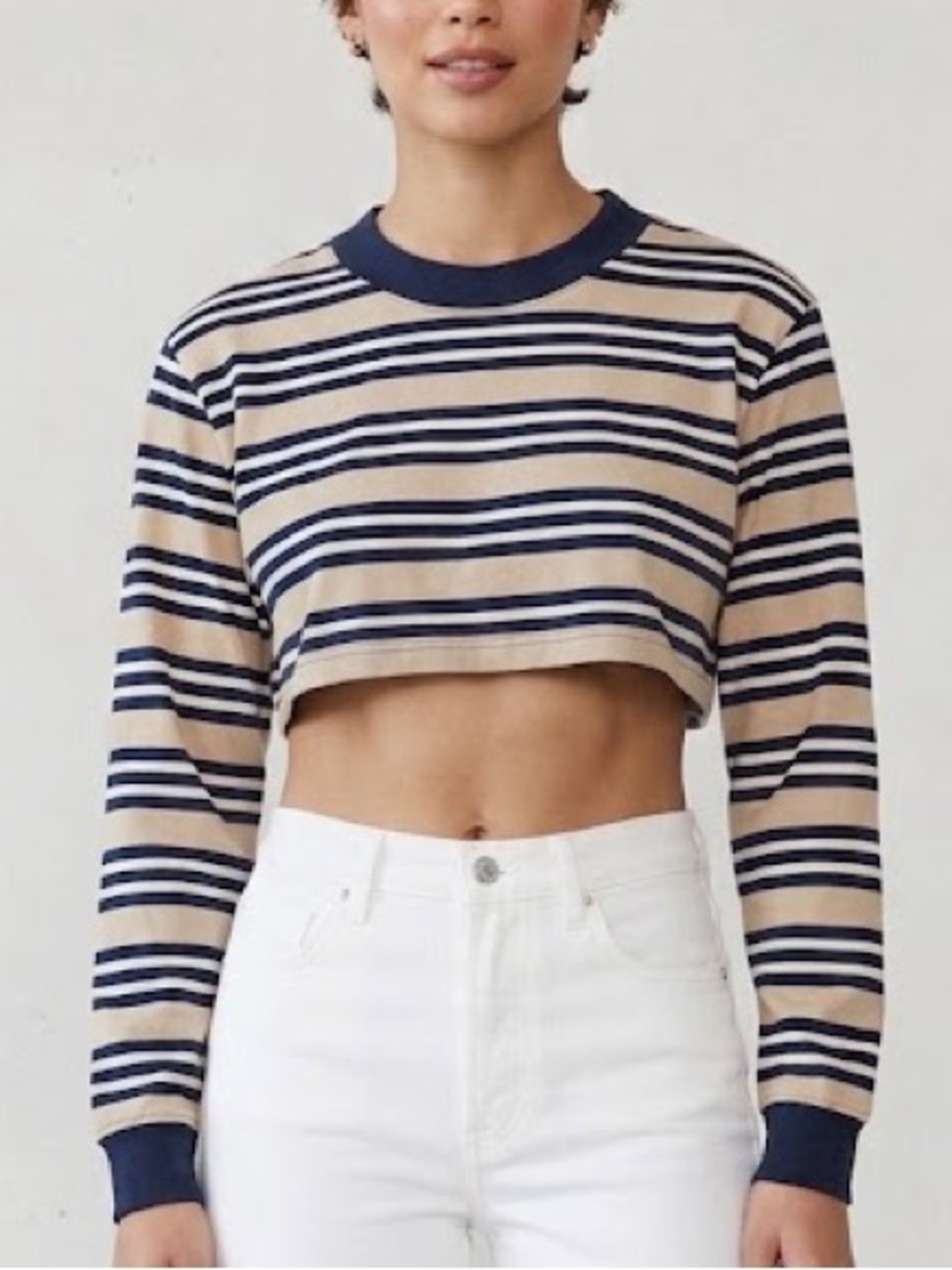 Aritzia TNA Ryer Cropped Stripe Long Sleeve Top Tan & Navy Blue Crewneck 2XS